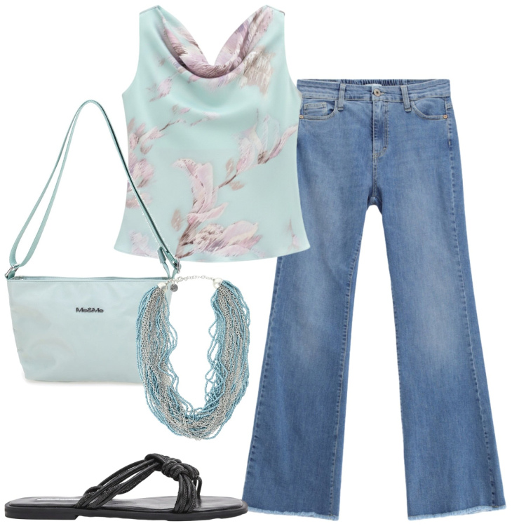 Outfit donna - Casual curato. Stile Casual chic per Tutti i giorni. Abbinamento con jeans, collane, top, sandali, borse a spalla.