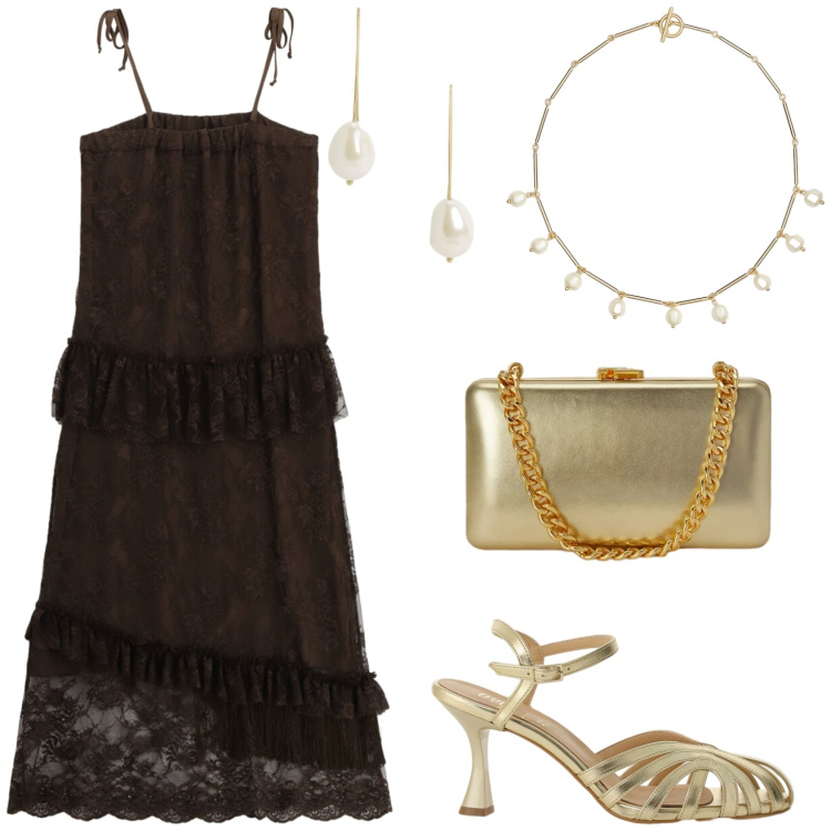 Outfit donna - Cena in agosto. Stile Chic per Serata fuori. Abbinamento con vestiti lunghi, sandali col tacco, clutch, orecchini, collane.