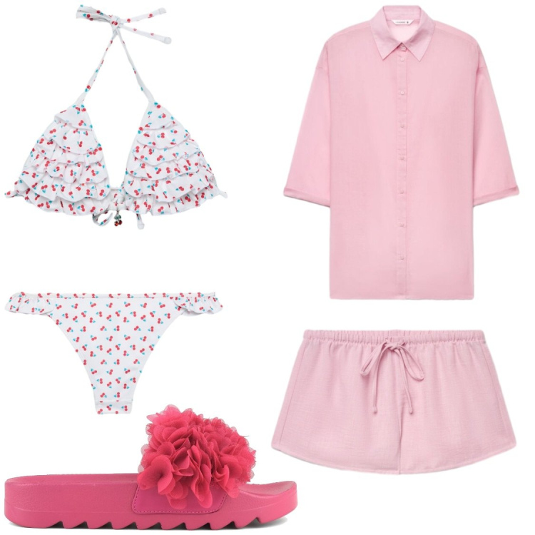 Outfit donna - Vacanze. Stile Chic per Mare. Abbinamento con shorts, bikini, bikini, camicie a manica corta, ciabatte.