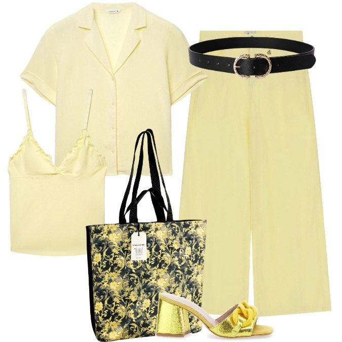 Outfit donna - Un aperitivo in barca - Smart Casual. Stile Trendy per Tutti i giorni. Abbinamento con cinture, canottiere, camicie a manica corta, pantaloni a palazzo, borse tote, sandali col tacco.