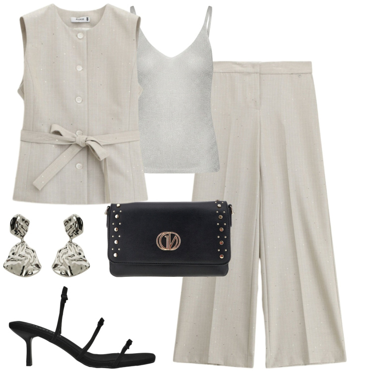Outfit donna - Please. Stile Urban per Tutti i giorni. Abbinamento con sandali col tacco, pantaloni a palazzo, gilet, orecchini, top, borse a tracolla.