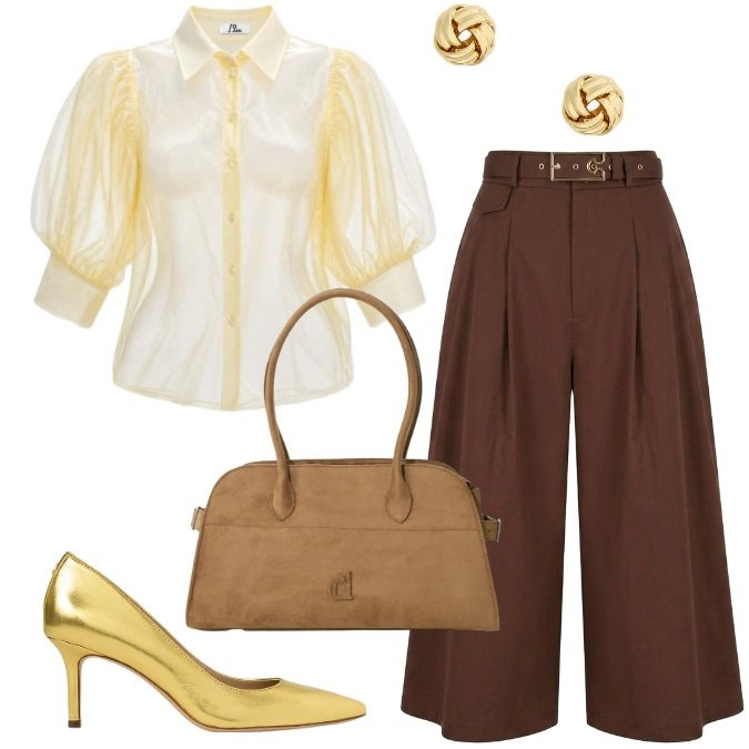 Outfit donna - Limone e Cacao-Sofisticato Equilibrato. Stile Trendy per Ufficio. Abbinamento con camicie, borse a spalla, pantaloni capri, décolleté, orecchini.