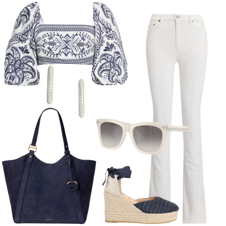 Outfit donna - In vacanza. Stile Casual chic per Tutti i giorni. Abbinamento con espadrillas, top, occhiali da sole, orecchini, jeans bootcut, borse tote.