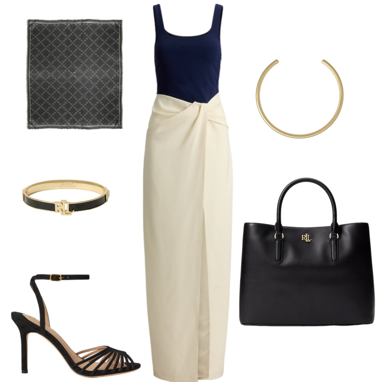 Outfit donna - Estate. Stile Glamour per Serata fuori. Abbinamento con sciarpe, vestiti senza maniche, borse a mano, braccialetti, sandali col tacco, collane.