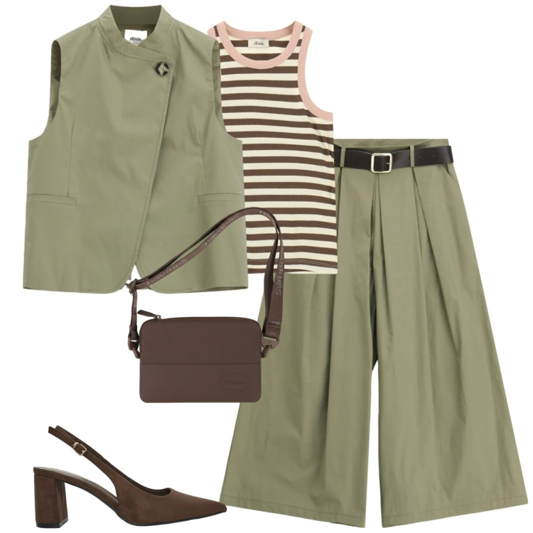 Outfit donna - Agosto. Stile Casual chic per Tutti i giorni. Abbinamento con décolleté, gilet, canottiere, pantaloni a palazzo, clutch.