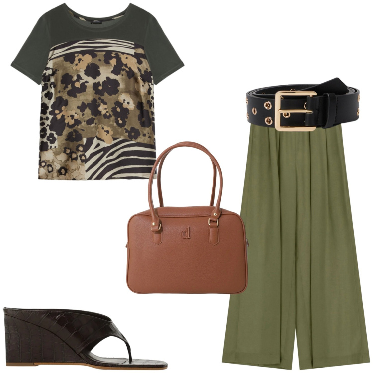 Outfit donna - Total look #2449828. Stile Casual chic per Tutti i giorni. Abbinamento con borse a mano, sandali col tacco, pantaloni a palazzo, t-shirt, cinture.