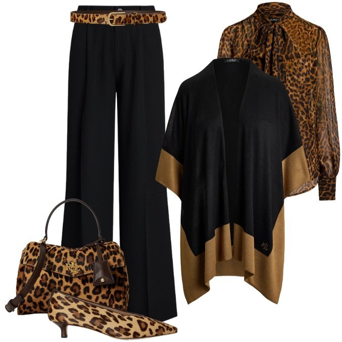 Outfit donna - Total look #2449829- Urban Animalier. Stile Urban per Serata fuori. Abbinamento con pantaloni, borse a mano, décolleté, bluse, cinture, cappe.