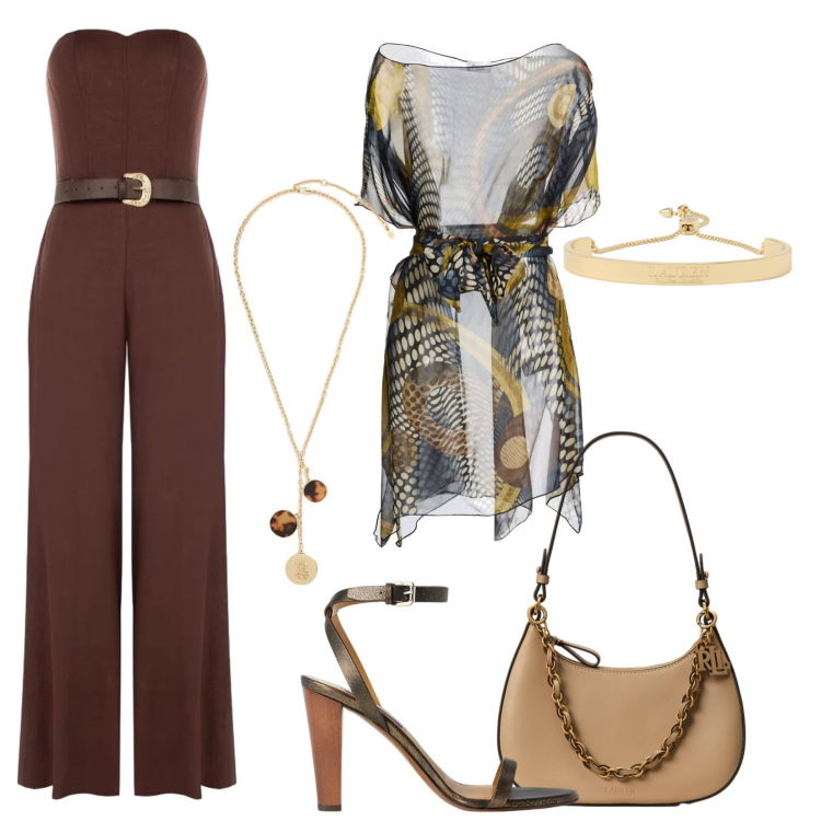 Outfit donna - La tuta marrone. Stile Chic per Cerimonia. Abbinamento con top, tute, borse a spalla, braccialetti, sandali col tacco, collane.