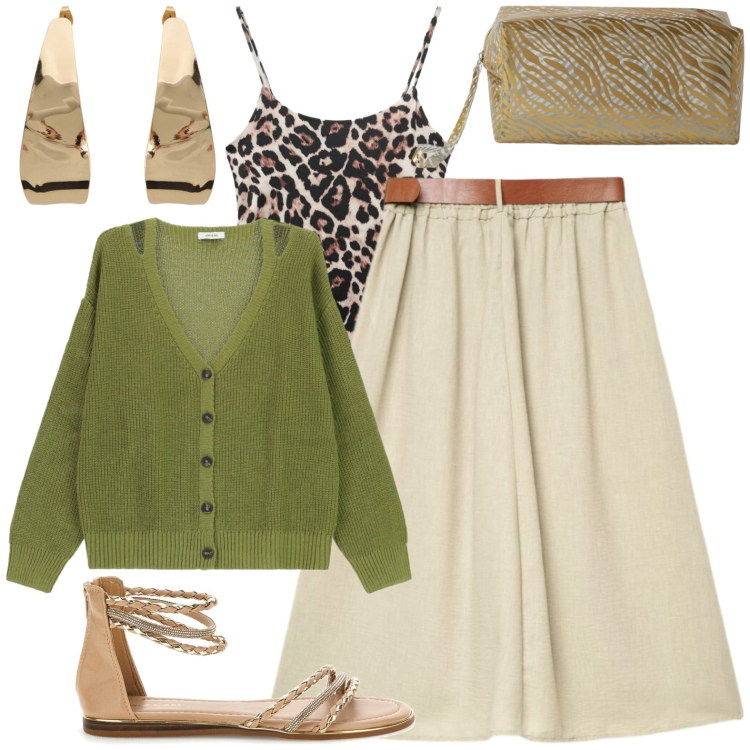 Outfit donna - Sera al mare. Stile Casual per Serata fuori. Abbinamento con valigie, top, gonne lunghe, cardigans, orecchini, sandali.