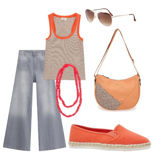 Outfit donna - Estate. Stile Casual per Tutti i giorni. Abbinamento con espadrillas, occhiali da sole, jeans, canottiere, collane, borse a tracolla.