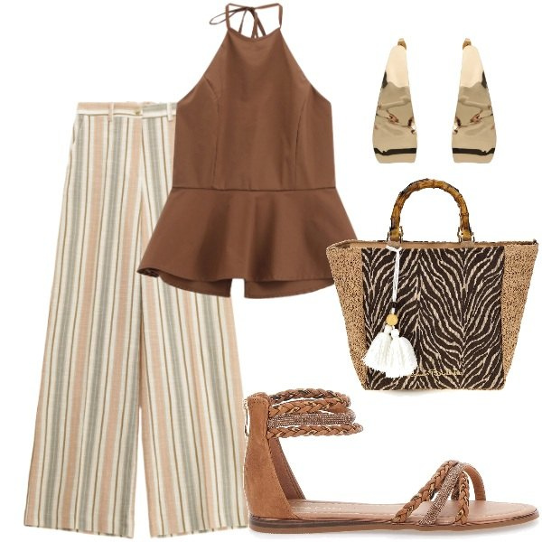 Outfit donna - E siamo in Agosto....... Stile Casual chic per Serata fuori. Abbinamento con pantaloni a palazzo, top, orecchini, sandali, borse a mano.
