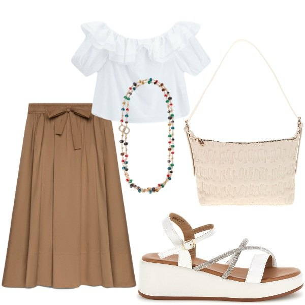 Outfit donna - Serata tra amici. Stile Casual chic per Serata fuori. Abbinamento con bluse, collane, gonne lunghe, sandali, borse a spalla.