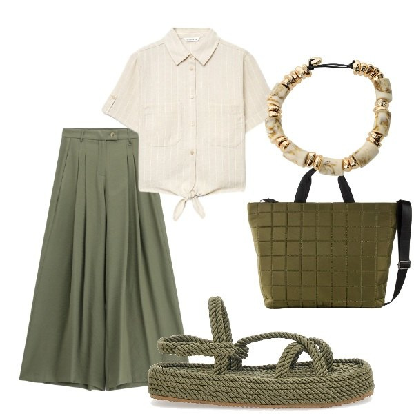 Outfit donna - Estate. Stile Casual per Tutti i giorni. Abbinamento con shopping bag, camicie a manica corta, pantaloni a palazzo, braccialetti, sandali.