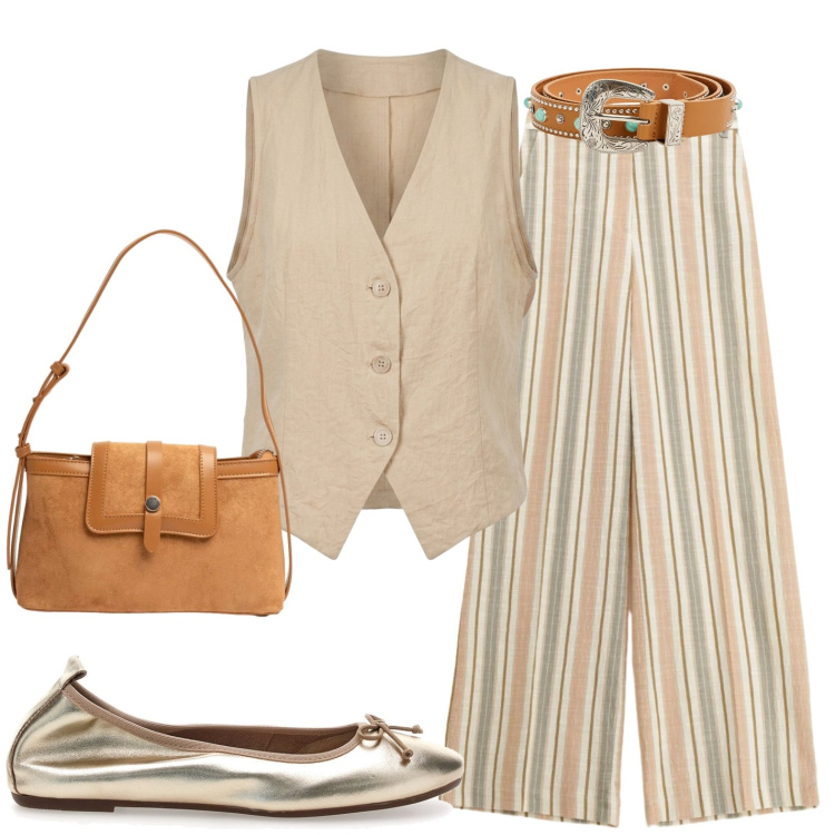 Outfit donna - Casual. Stile Casual per Tutti i giorni. Abbinamento con reggiseni, cinture, pantaloni a palazzo, borse a tracolla, gilet, ballerine.