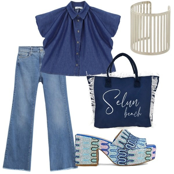 Outfit donna - Serata tra amici. Stile Casual per Serata fuori. Abbinamento con jeans, camicie a manica corta, braccialetti, sabot, shopping bag.