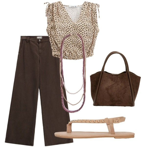 Outfit donna - Estate. Stile Casual per Tutti i giorni. Abbinamento con ciabatte, top, pantaloni a palazzo, borse a spalla, collane.