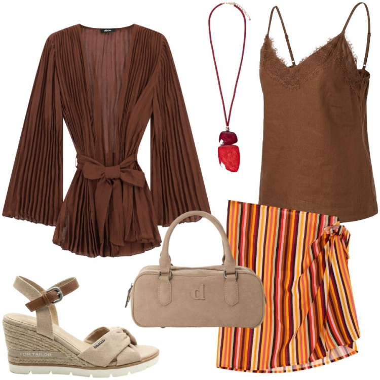 Outfit donna - Gonna pareo per la sera. Stile Casual chic per Serata fuori. Abbinamento con sandali col tacco, minigonne, borse a mano, blazer, top, ciondoli.