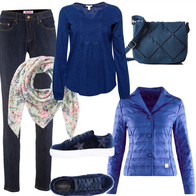 Outfit donna - Basic #3211. Stile Basic per Tutti i giorni. Abbinamento con jeans skinny, sciarpa, sneakers tennis, giubbotto collo con revers aderente blu, maglia a maniche lunghe blu, borsa a tracolla blu.