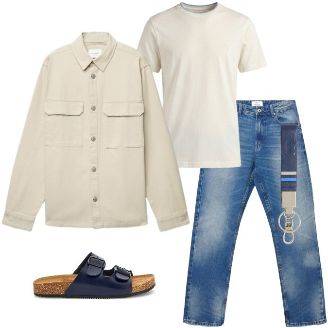 Outfit uomo - Relax Moderno minimalista. Stile Trendy per Tutti i giorni. Abbinamento con t-shirt, portachiavi, cappotti, jeans dritti, sandali.