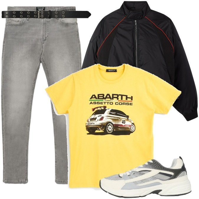 Outfit uomo - Passione motori: stile dinamico!. Stile Casual per Tutti i giorni. Abbinamento con sneakers, bomber, jeans skinny, cinture, t-shirt.