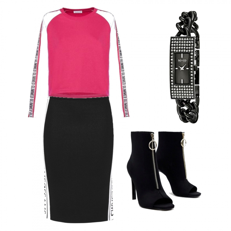 Outfit donna - Urban #2346. Stile Urban Abbinamento con gonna al ginocchio con bande laterali lavorato a maglia interno sfoderato tinta unita, stivaletti, felpa made italy girocollo fucsia e bianco, orologio con cinturino in acciaio inox nero.