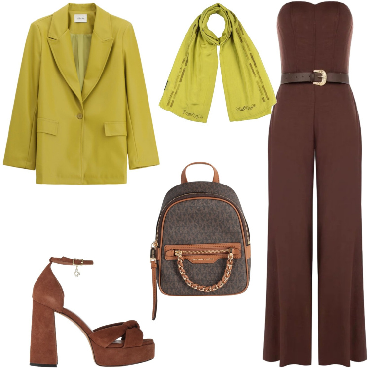 Outfit donna - Total look #2449931. Stile Chic per Serata fuori. Abbinamento con zaini, sciarpe, sandali in pelle, blazer, tute.