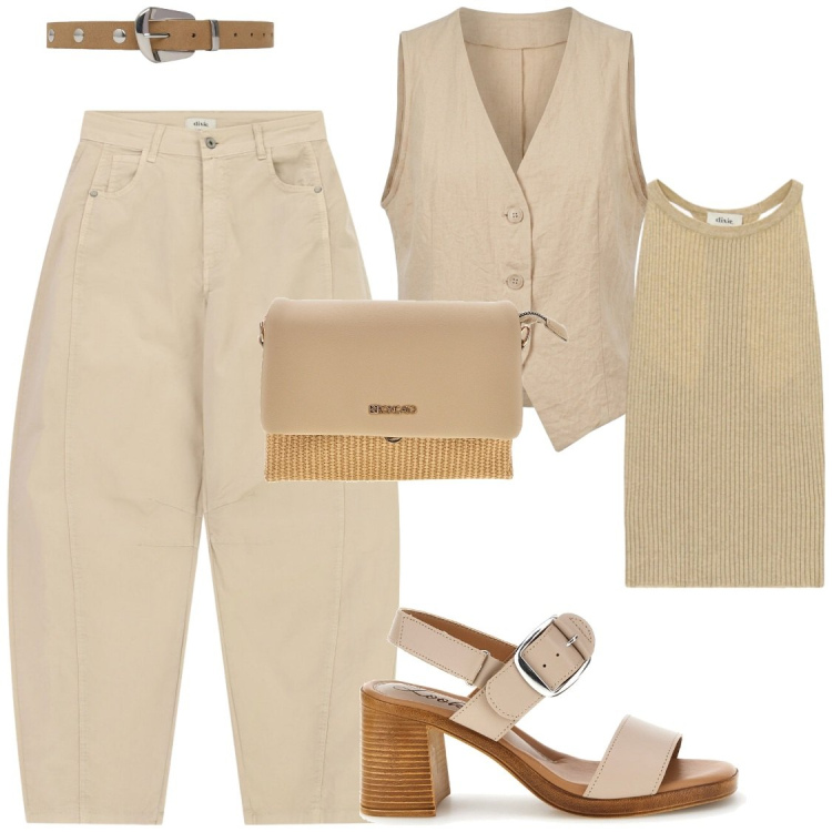 Outfit donna - Ufficio o uscita. Stile Chic per Ufficio. Abbinamento con cinture, pantaloni, top, gilet, sandali col tacco, borse a spalla.