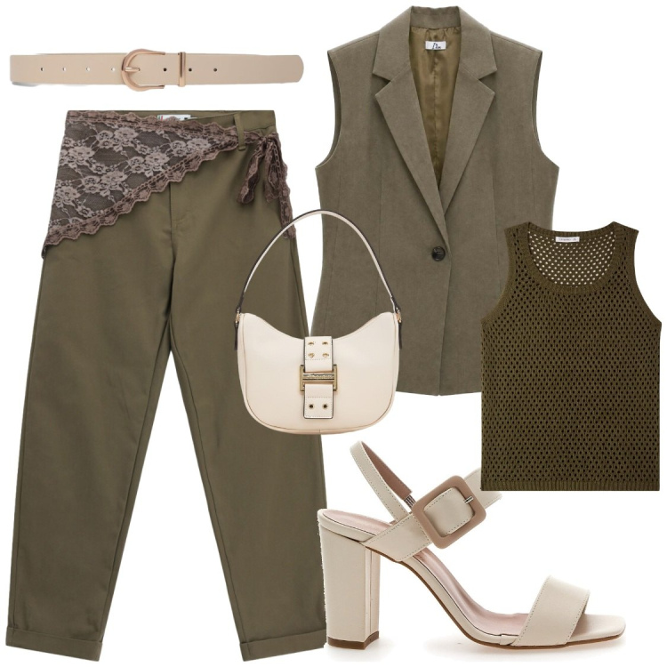Outfit donna - Cambio look. Stile Chic per Ufficio. Abbinamento con top, cinture, gilet, pantaloni, borse a tracolla, sandali col tacco.