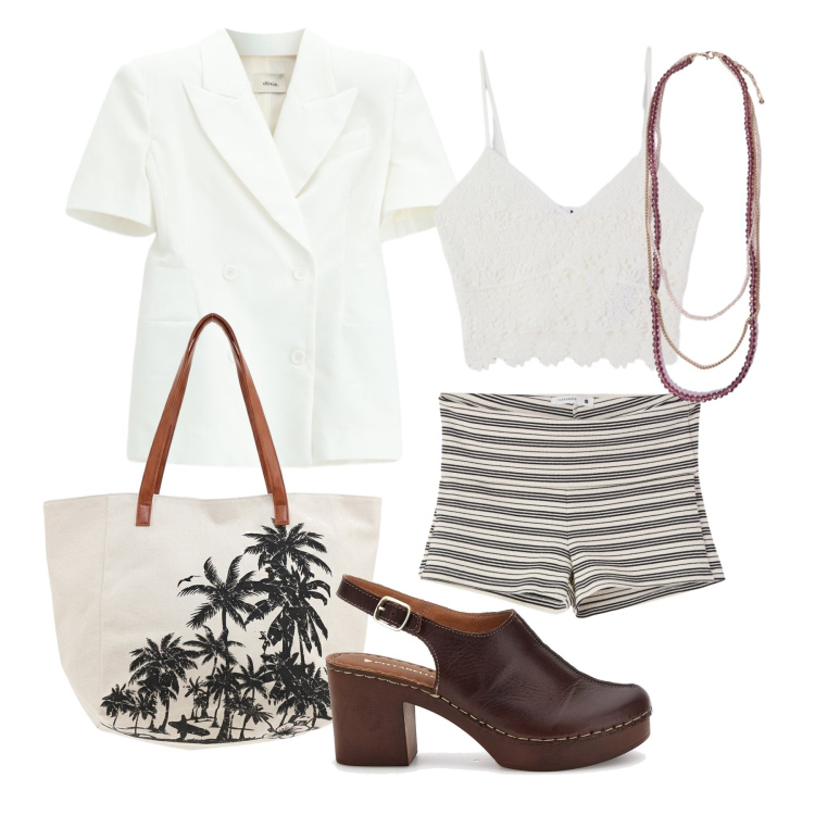 Outfit donna - Agosto. Stile Trendy per Tutti i giorni. Abbinamento con top, shorts, blazer, collane, shopping bag, zoccoli.