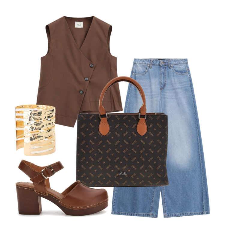 Outfit donna - Agosto. Stile Trendy per Tutti i giorni. Abbinamento con reggiseni, jeans, braccialetti, gilet, zoccoli, borse a mano.