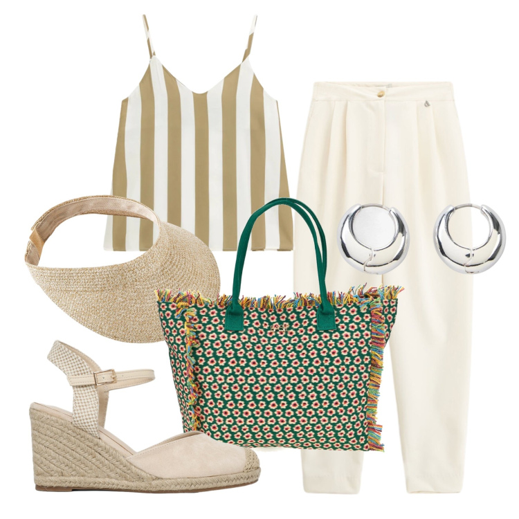 Outfit donna - Agosto. Stile Trendy per Tutti i giorni. Abbinamento con cappelli con visiera, orecchini, zeppe, top, pantaloni, shopping bag.