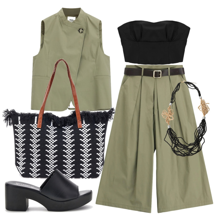 Outfit donna - Agosto. Stile Trendy per Tutti i giorni. Abbinamento con gilet, collane, top, pantaloni a palazzo, borse tote, zoccoli.
