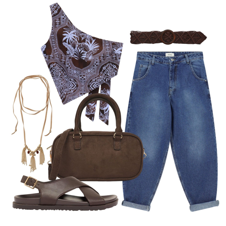 Outfit donna - Agosto. Stile Boho per Tutti i giorni. Abbinamento con sandali in pelle, cinture, borse a tracolla, jeans, collane, top.