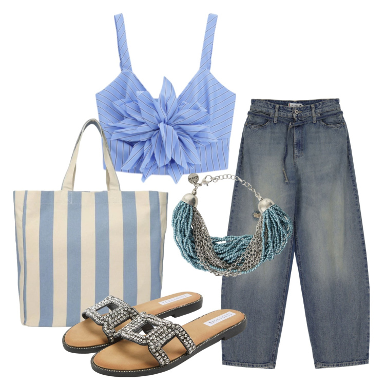 Outfit donna - Agosto. Stile Casual chic per Tutti i giorni. Abbinamento con ciabatte, shopping bag, jeans, braccialetti, top.