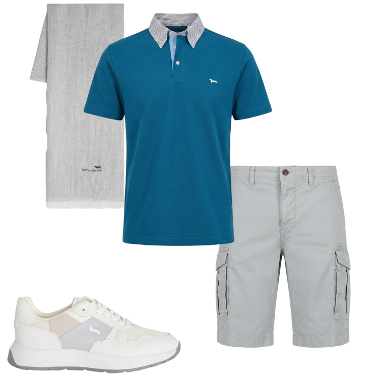 Outfit uomo - In città. Stile Urban per Tutti i giorni. Abbinamento con sneakers, sciarpe, bermuda, polo.