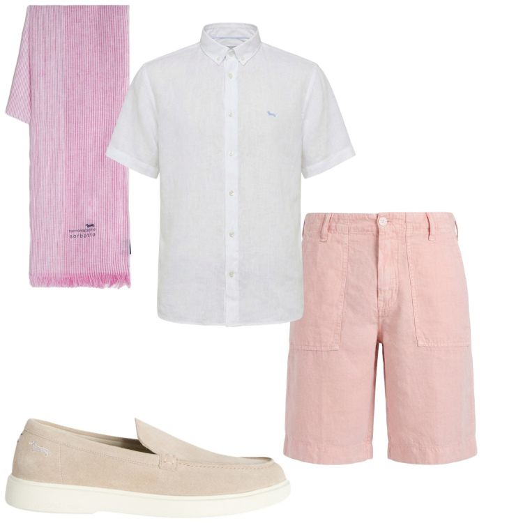 Outfit uomo - Stile vacanza. Stile Casual per Tutti i giorni. Abbinamento con scarpe stringate, sciarpe, bermuda, camicie a manica corta.