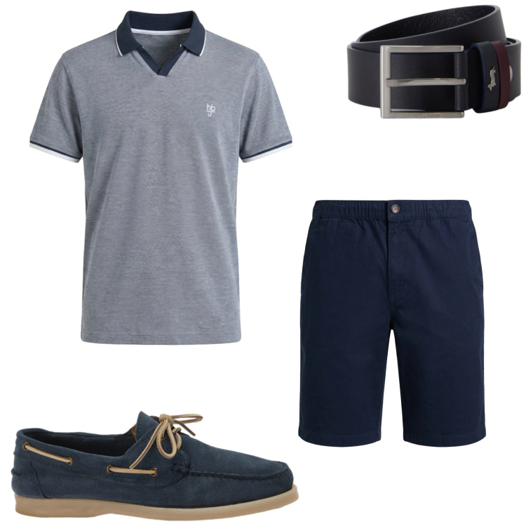 Outfit uomo - Agosto. Stile Casual per Tutti i giorni. Abbinamento con scarpe stringate, bermuda, polo, cinture.