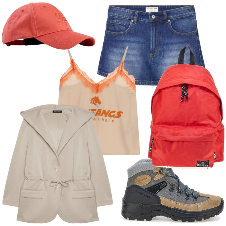 Outfit donna - In montagna a Ferragosto con gli amici. Stile Casual chic per Sport. Abbinamento con cappelli con visiera, shorts, top, felpe con cappuccio, stivaletti, zaini.
