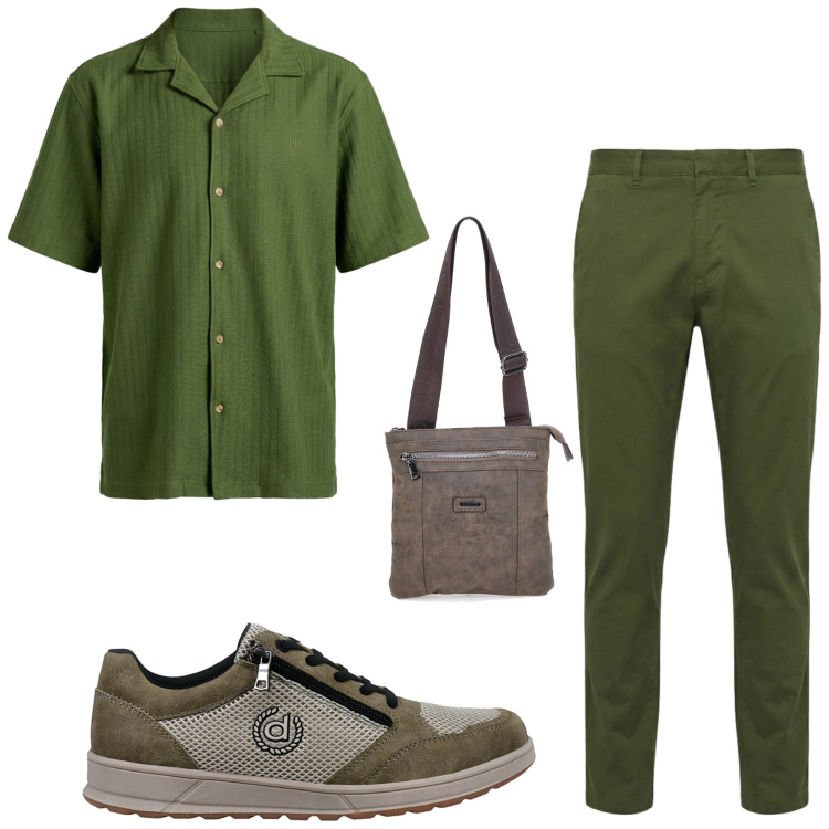 Outfit uomo - In città. Stile Casual per Ufficio. Abbinamento con pantaloni, camicie a manica corta, portafogli, sneakers.