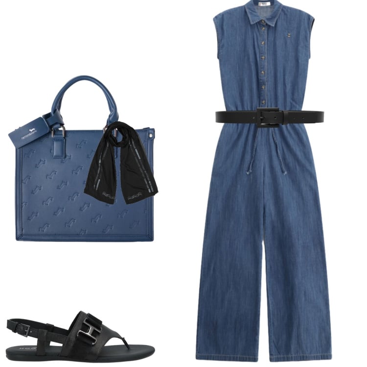 Outfit donna - Ritorno in città. Stile Casual chic per Ufficio. Abbinamento con sciarpe, infradito, borse a mano, tute, cinture.