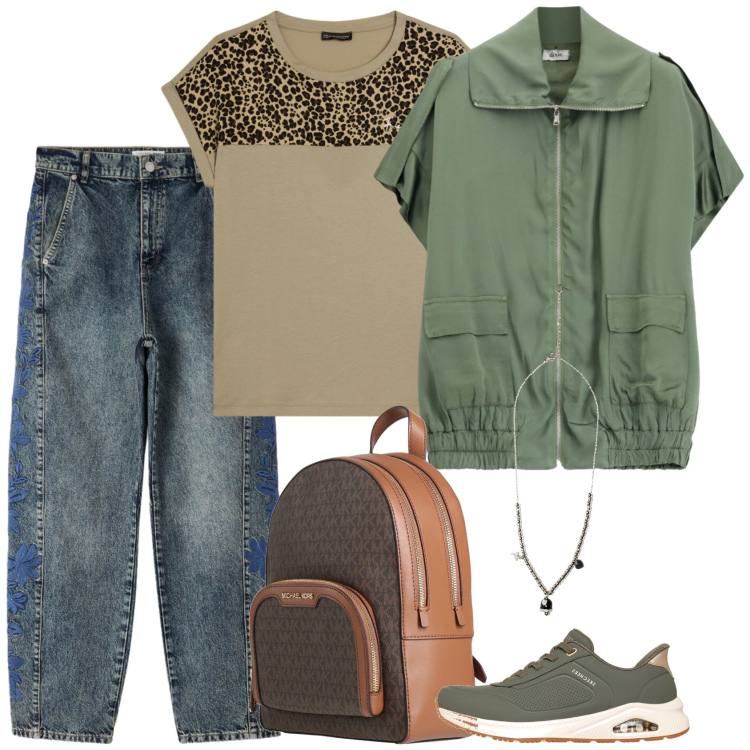 Outfit donna - Sul sentiero. Stile Casual per Tutti i giorni. Abbinamento con zaini, jeans, gilet, ciondoli, t-shirt, sneakers.