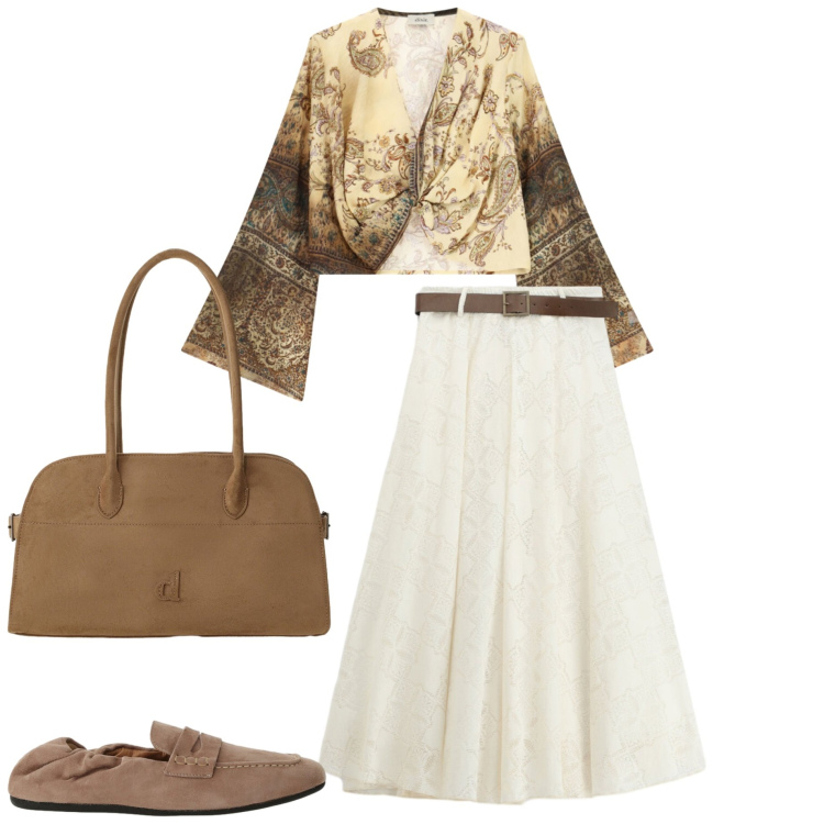 Outfit donna - Ritorno in città. Stile Casual chic per Ufficio. Abbinamento con gonne lunghe, borse a spalla, mocassini, top.