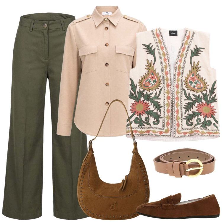 Outfit donna - Lunedì etnico. Stile Boho per Ufficio. Abbinamento con pantaloni a palazzo, camicie, borse a spalla, mocassini, gilet, cinture.