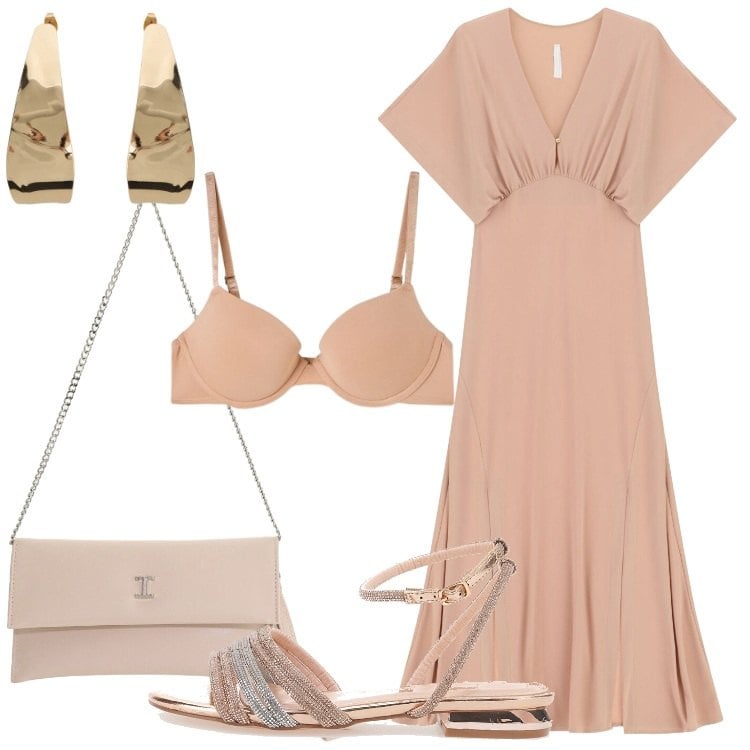 Outfit donna - Il maxi-dress per agosto. Stile Chic per Serata fuori. Abbinamento con reggiseni push-up, orecchini, borse a tracolla, vestiti lunghi, sandali.