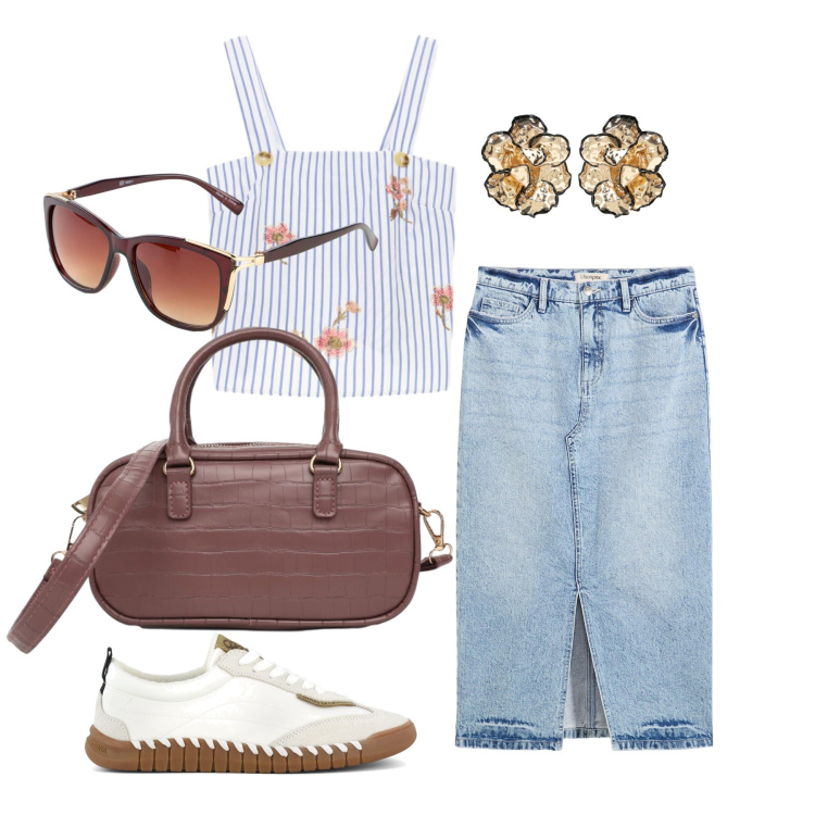 Outfit donna - Agosto. Stile Trendy per Tutti i giorni. Abbinamento con gonne longuette, occhiali da sole, borse a spalla, orecchini, top, sneakers.