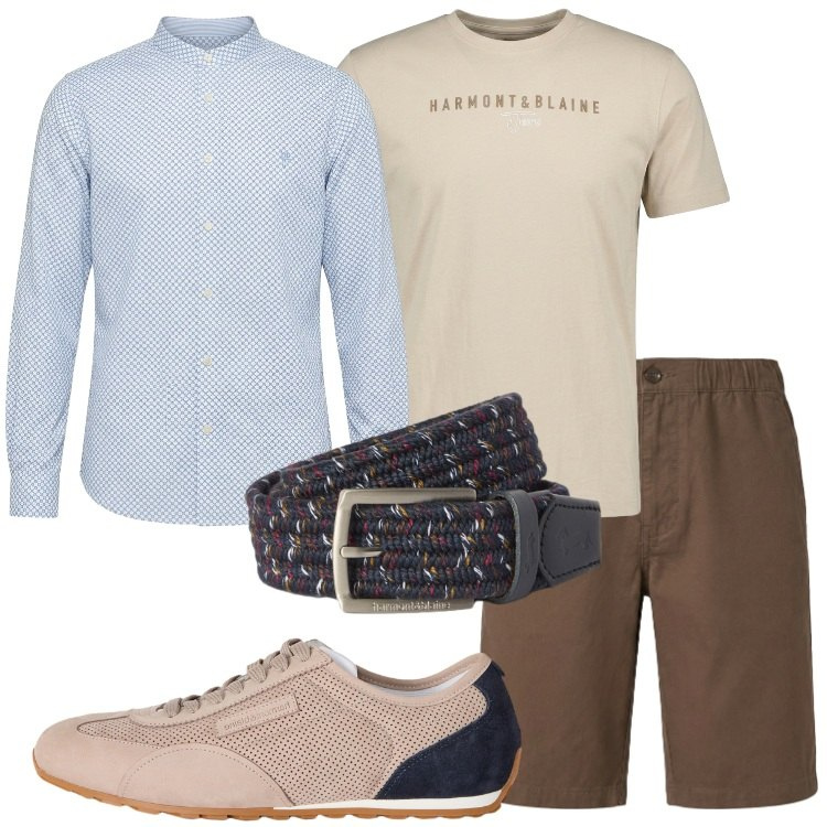 Outfit uomo - Cena in vacanza. Stile Trendy per Serata speciale. Abbinamento con sneakers, t-shirt, camicie, bermuda, cinture.