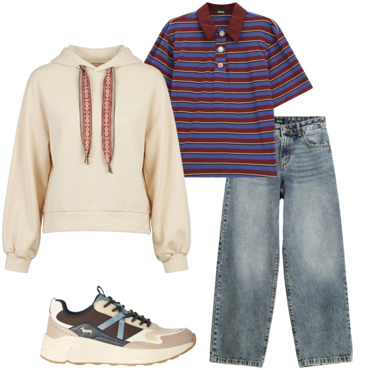 Outfit donna - Ferragosto in montagna. Stile Casual per Tutti i giorni. Abbinamento con sneakers, polo, jeans dritti, felpe con cappuccio.