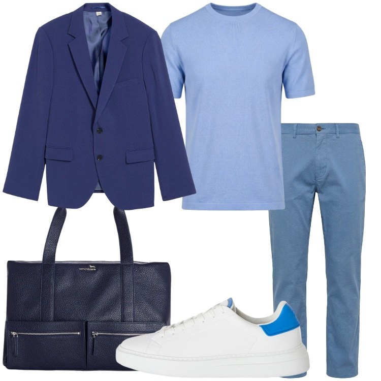 Outfit uomo - T-shirt: il capo dell\'estate. Stile Trendy per Ufficio. Abbinamento con giacche, sneakers, borse sportive, pantaloni, t-shirt.