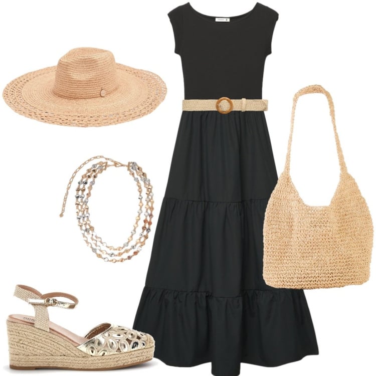 Outfit donna - Ferragosto al mare. Stile Casual chic per Mare. Abbinamento con shopping bag, cinture, vestiti lunghi, cappelli, collane, zeppe.