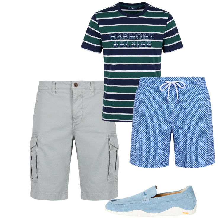 Outfit uomo - In riga. Stile Casual per Mare. Abbinamento con scarpe stringate, bermuda, t-shirt, costumi.